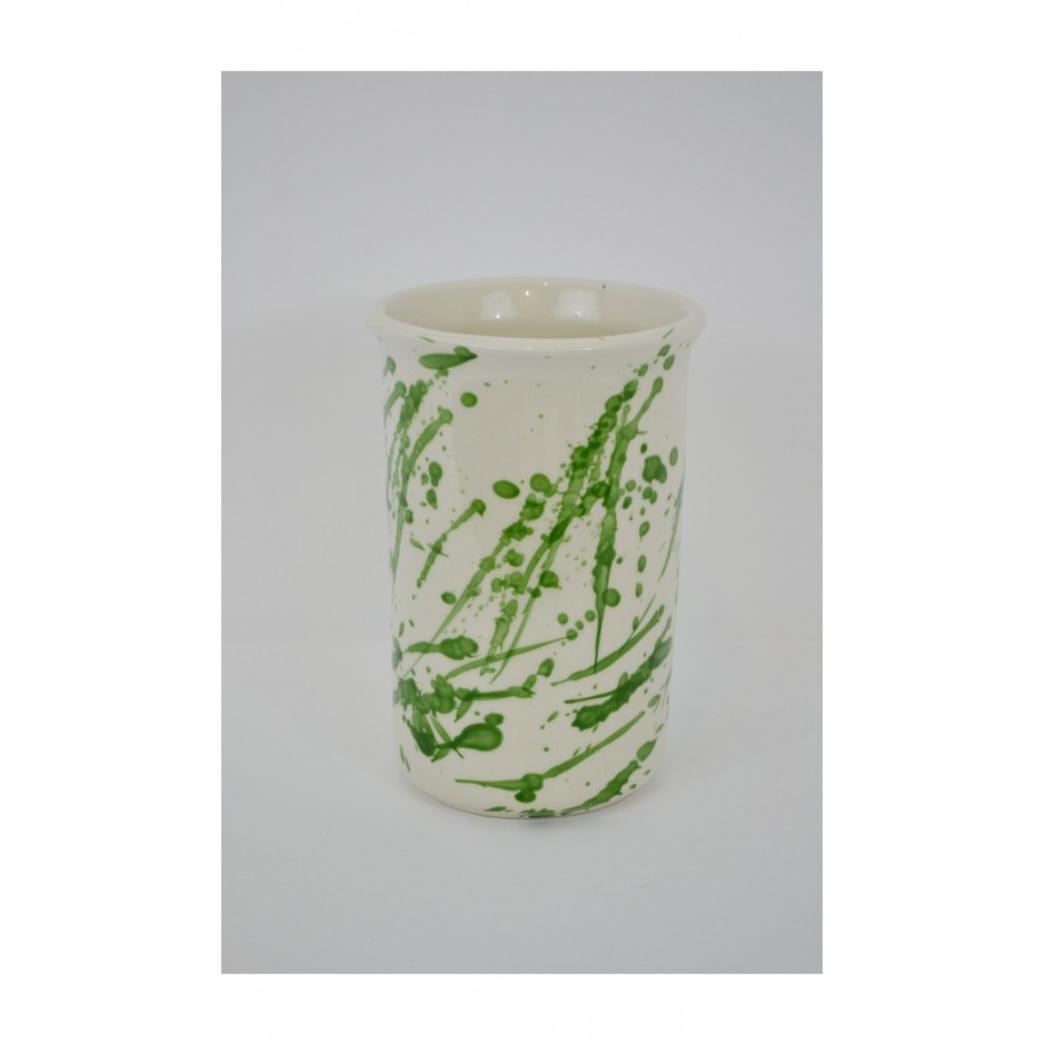Vase blanc émaillée moucheté vert foncé